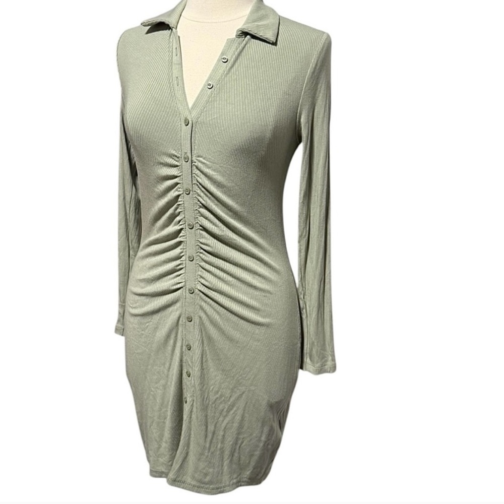 Green Button-Up Ribbed Dress